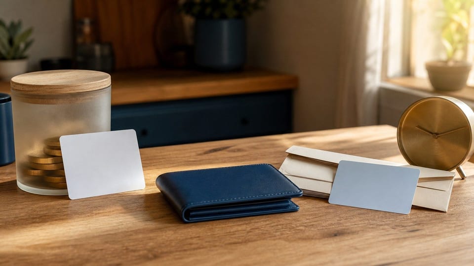 Kuvassa on kaksi tyhjää maksukorttia, lompakko, säästöpurkki ja kirjekuoria debit- ja credit-maksamisen vertailuksi.