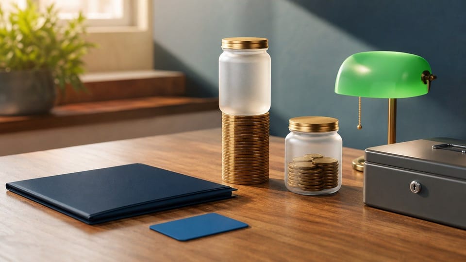 Savings jars, a lockbox, a blank savings folder, and an unbranded card suggest a high-yield savings account review.