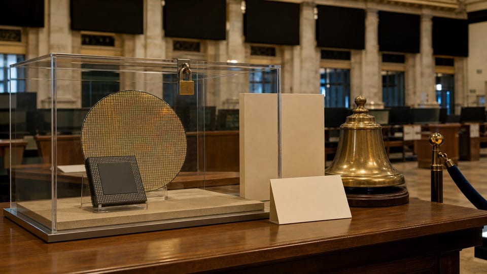 A sealed prospectus folder, stock exchange bell, and silicon chip represent a confidential technology IPO filing.