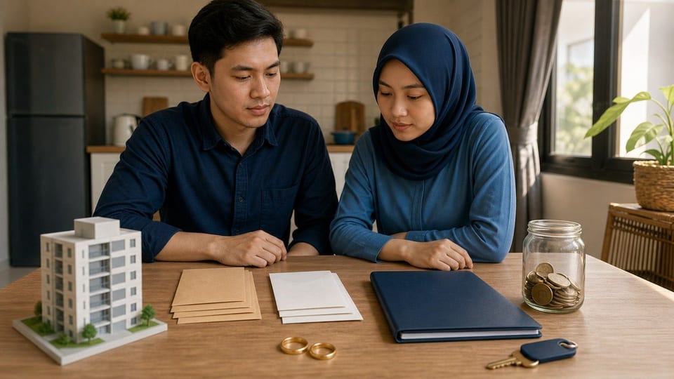Pasangan pengantin baru Indonesia merencanakan keuangan di meja dengan cincin polos, amplop anggaran, toples tabungan, dan kunci rumah.