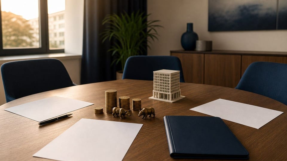 Een interviewtafel voor een uitzendbedrijf met lege cv-papieren, een kantoormodel, munten en beleggingsfiguren.