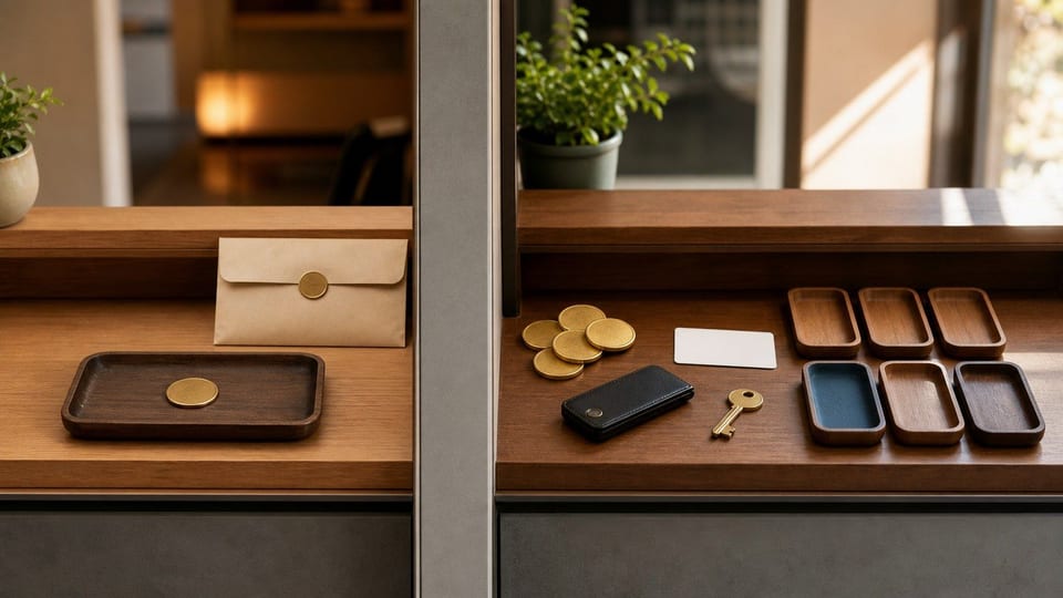 Two unlabeled crypto-platform stations contrast simple buying with cards, rewards, and wallet features.