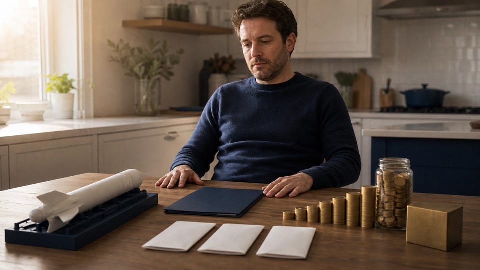 An everyday investor prepares a blank brokerage application beside an unbranded rocket model, funding envelopes, and brass money markers at a kitchen table.