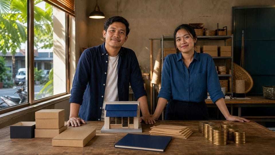 Dua pendiri bisnis Indonesia berdiri di meja kerja dengan model toko kecil, amplop kosong, map bisnis biru tua, dan tumpukan koin polos.