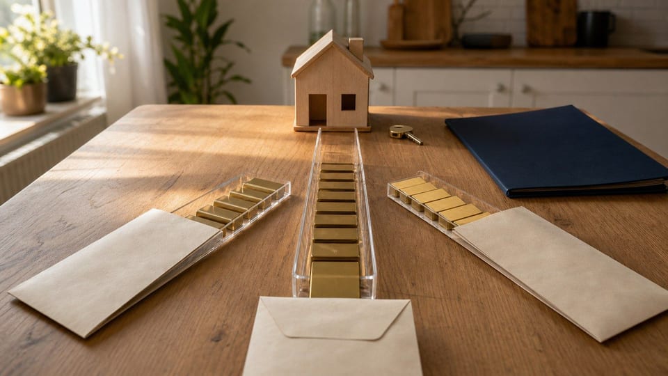 Stilleven op een Nederlandse keukentafel met een huismodel, een sleutel, blanco enveloppen en gladde messing balkjes die laten zien hoeveel hypotheek haalbaar is.