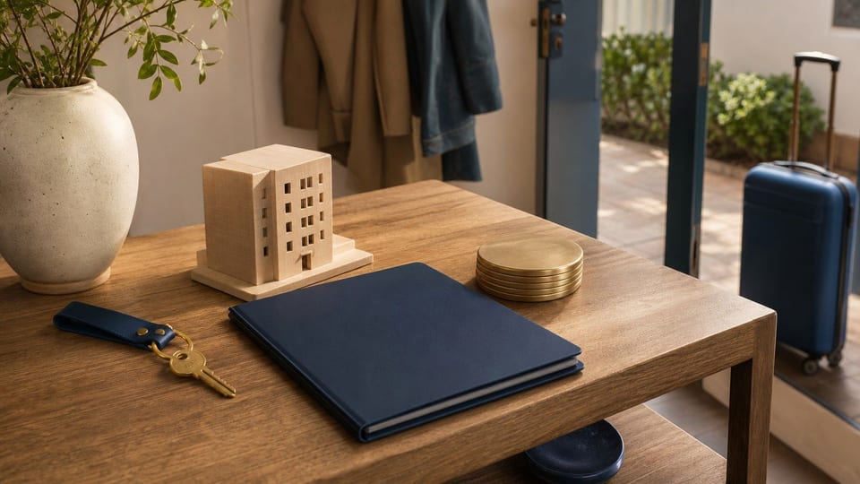 Ein Wohnungseingang zeigt einen Hausschlüssel, ein Modellhaus, einen navyblauen Ordner, Münzstapel und einen Reisekoffer.