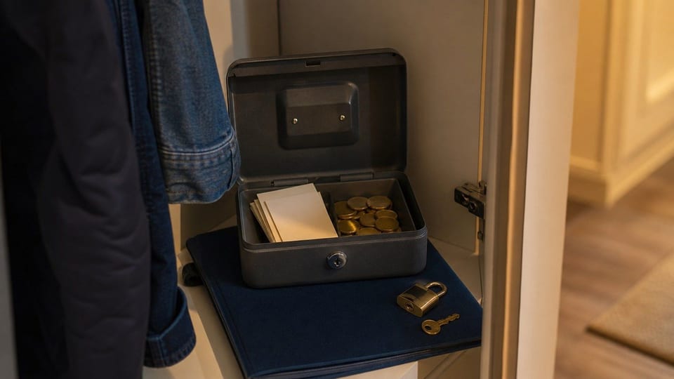 Eine offene Geldkassette mit leeren Geldscheinen, Münzen und Schloss zeigt Bargeldaufbewahrung zu Hause.