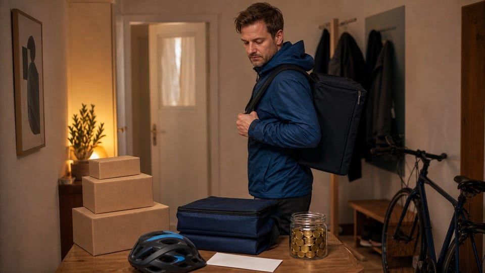 Eine Person bereitet in einem Wohnungseingang eine Nebenverdienst-Lieferung mit Paketen, Liefertasche, Helm, Umschlag und Münzglas vor.