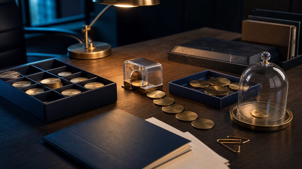 An ETF basket moves blank brass investment discs through a clear exchange gate while a tax tray remains nearly empty.