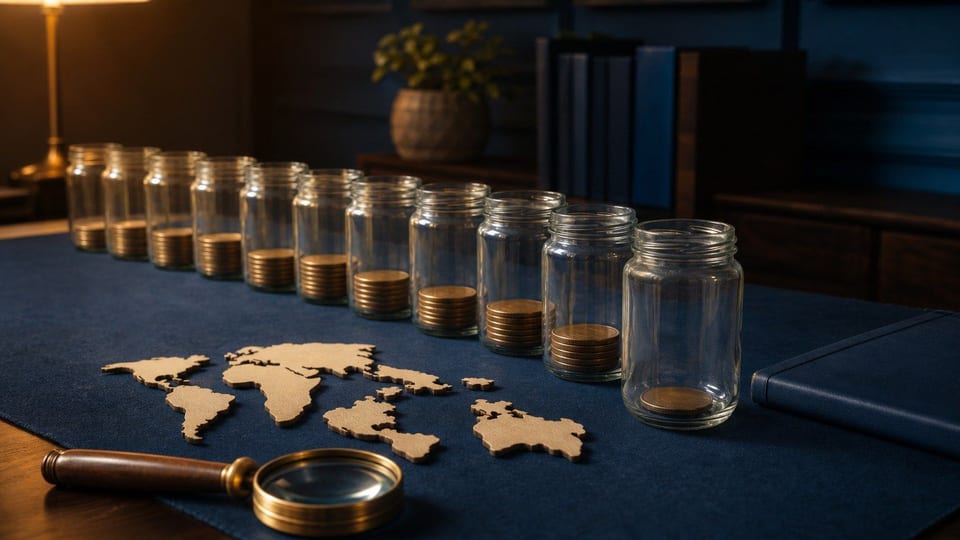 Nearly empty coin jars, wooden continent shapes, and an economics folder suggest a global poverty ranking.