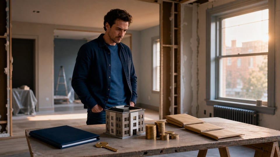 A real estate investor reviews funding folders, keys, coin stacks, and a building model inside a renovation property.