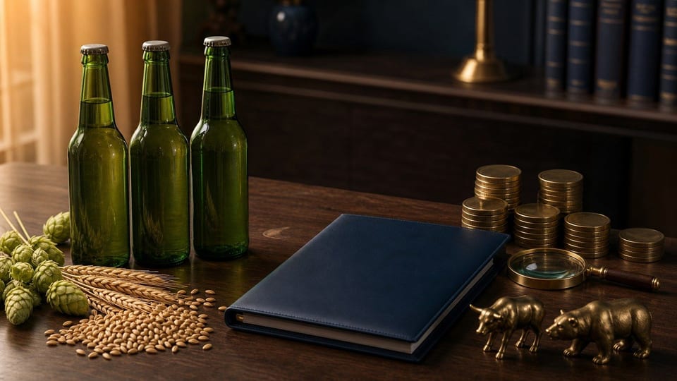 Een beleggingsbureau met ongelabelde groene bierflessen, hop, gerst, blanco munten en een gesloten blauwe portefeuillemap.