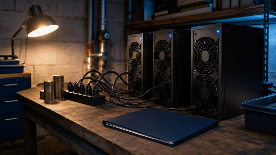 Unbeschriftete Mining-Geräte, Stromkabel, ein leerer Kostenordner und Münzstapel zeigen Krypto-Mining-Kosten.