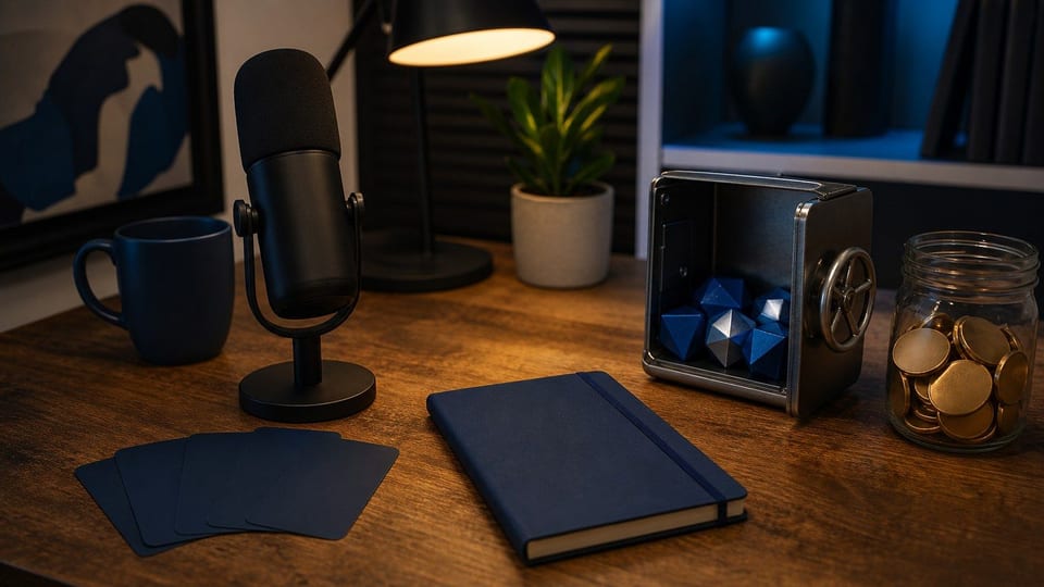 Mesa de creador cripto con micrófono, fichas sin símbolos, cuaderno azul marino y frasco de monedas.