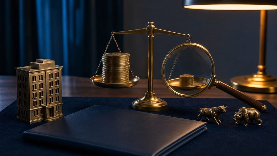 Eine Waage mit Unternehmensmodell, Münzstapeln und Lupe visualisiert die Bewertung von Value-Aktien.