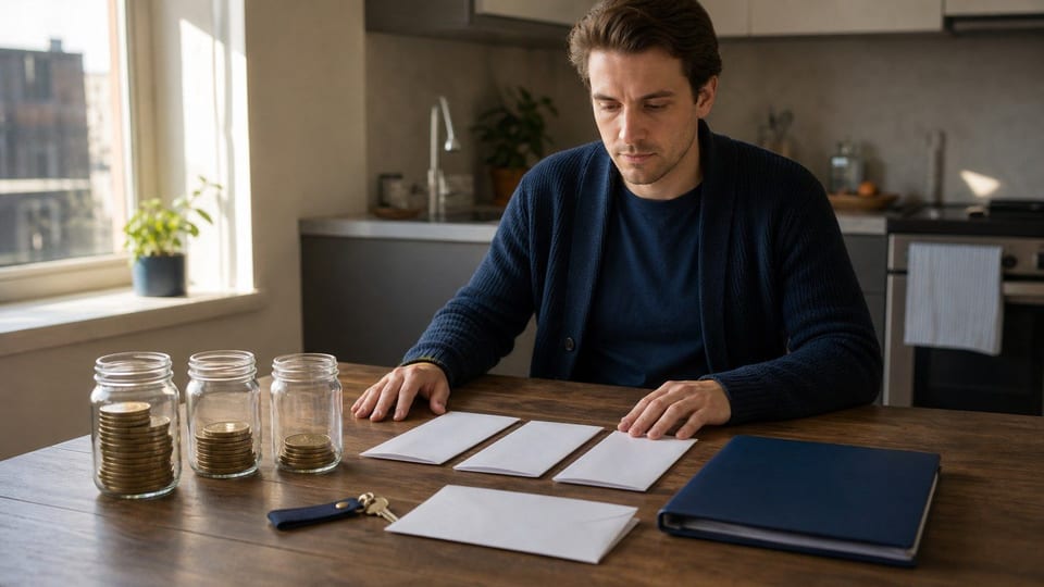 A renter budgets at a kitchen table with rent envelopes, a salary envelope, coin jars, and an apartment key.