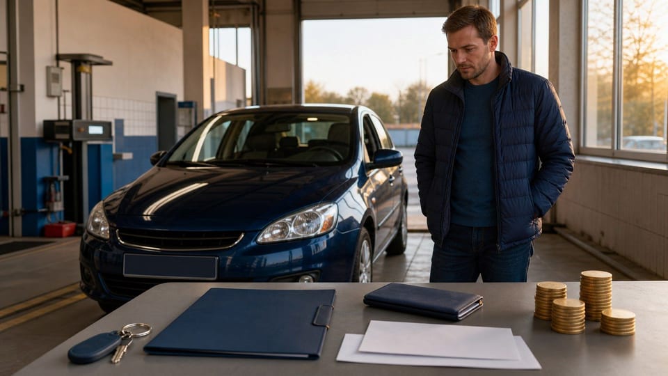 Eine Person steht neben einem importierten Auto, während Autoschlüssel, leere Importunterlagen, Umschläge und Münzstapel die Kosten des Autokaufs im Ausland zeigen.