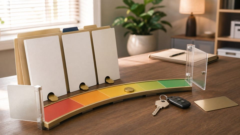 A physical red-to-green credit scale sits beside bureau folders, loan keys, and brass tokens.