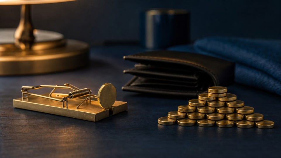Meja gelap menampilkan perangkap investasi dengan koin polos, bentuk piramida dari koin, dompet kosong, dan cahaya biru.