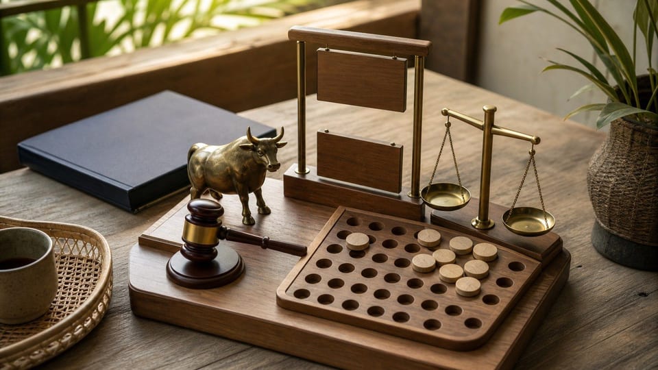 Papan belajar pasar saham dengan palu lelang, patung banteng, gerbang batas harga, baki free float, dan neraca valuasi.