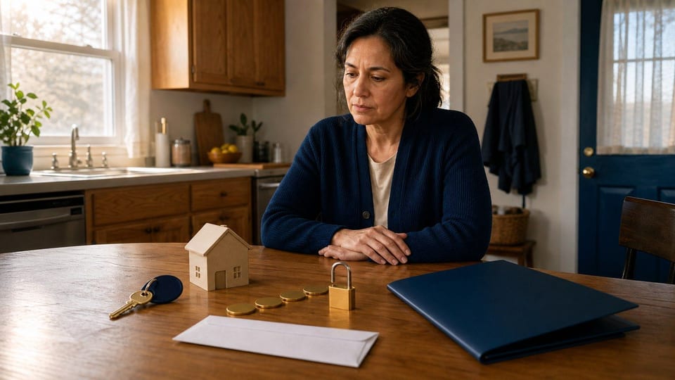 A homeowner reviews a home equity loan folder beside a house key, house model, coins, and a pay envelope.