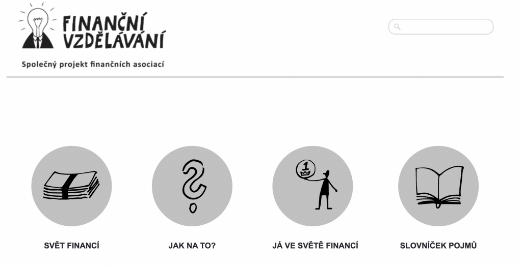 Úvodní stránka webu Finanční vzdělávání s rubrikami Svět financí, Jak na to?, Já ve světě financí a Slovníček pojmů.