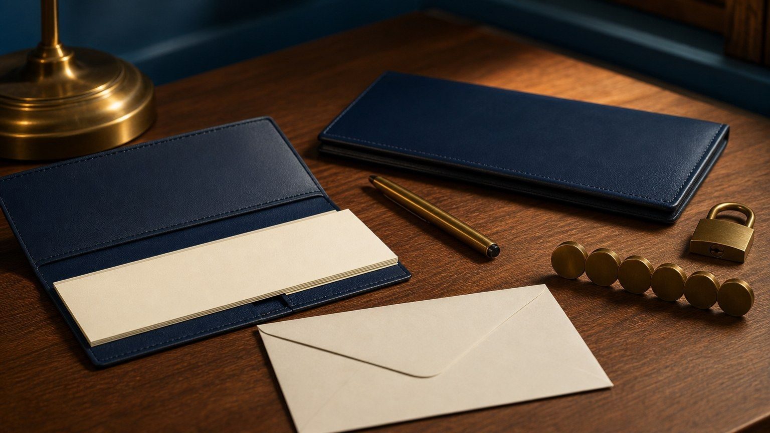 Mesa com cheque em branco, caneta, envelope, cadeado e moedas sem marcações para preencher um cheque com segurança.