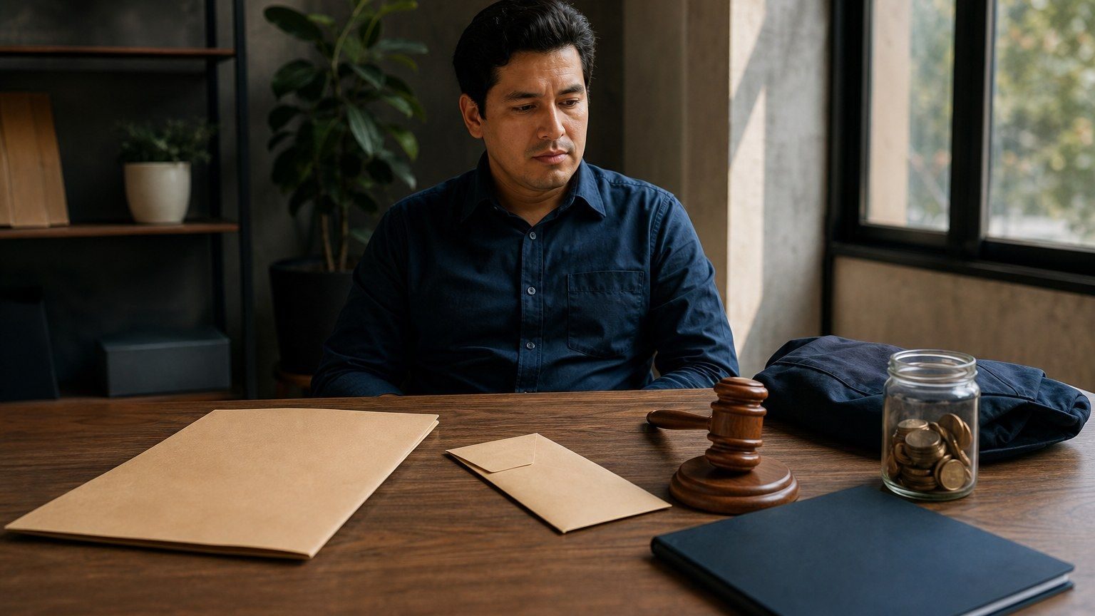 Empleado revisando documentos laborales en una mesa con monedas y carpeta legal.
