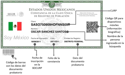 Ejemplo de constancia de CURP con clave, nombre, código QR, fecha de inscripción, folio y código de barras señalados.