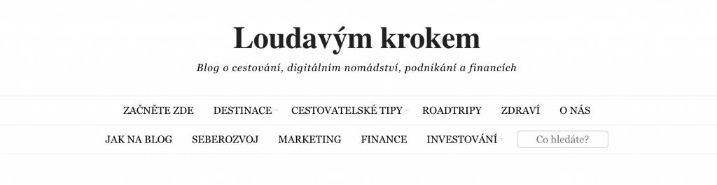 Záhlaví blogu Loudavým krokem s nabídkou rubrik o cestování, podnikání, financích a investování.