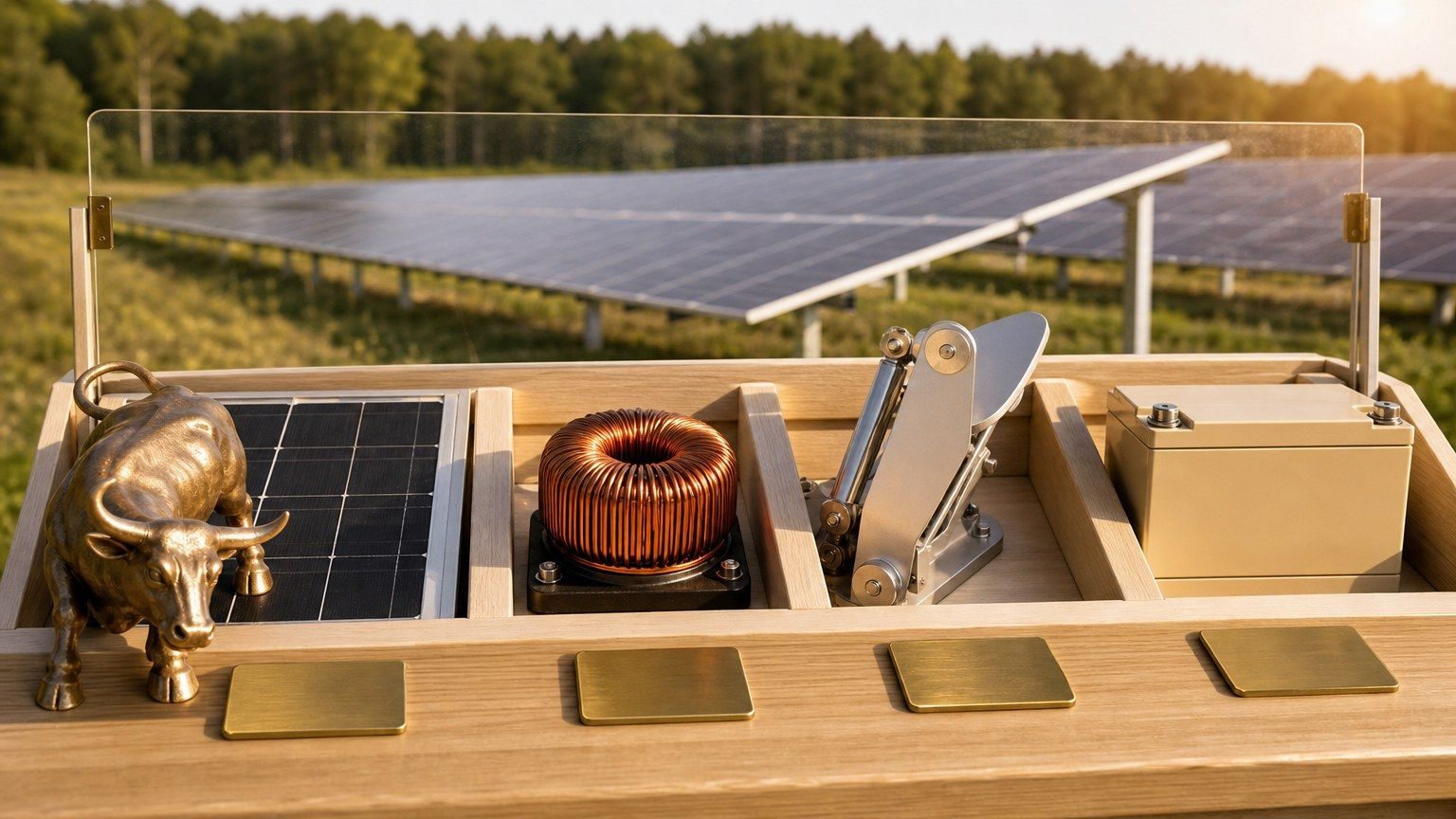 Eine Investment-Prüfstation mit Solarmodulen, Wechselrichterspule, Nachführtechnik, Speicher und Börsenbulle vor einem Solarpark.