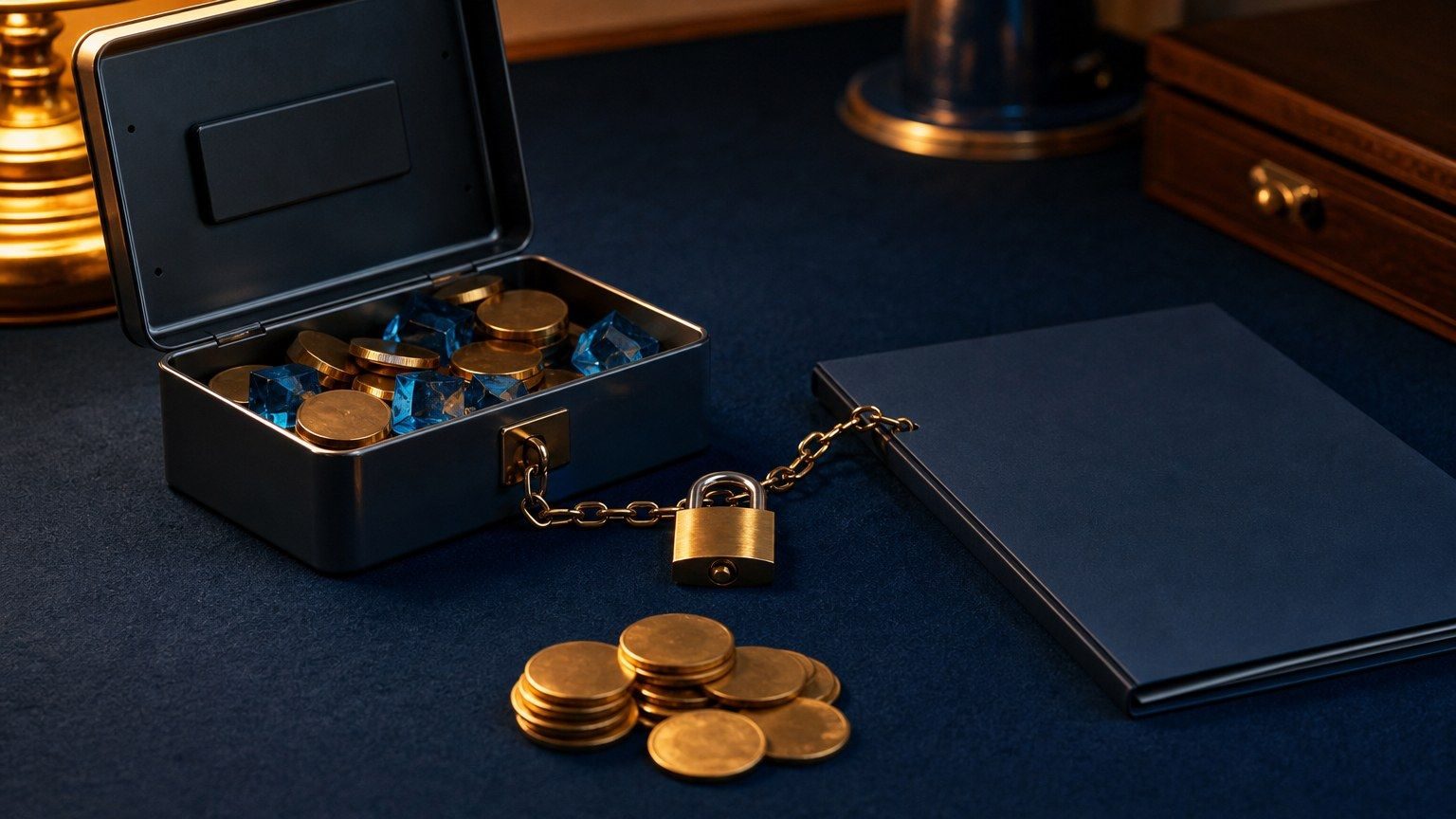 Een open stalen lockbox met blauwe cryptotokens, blanco munten, een slot en een blanco leningmap als onderpand.