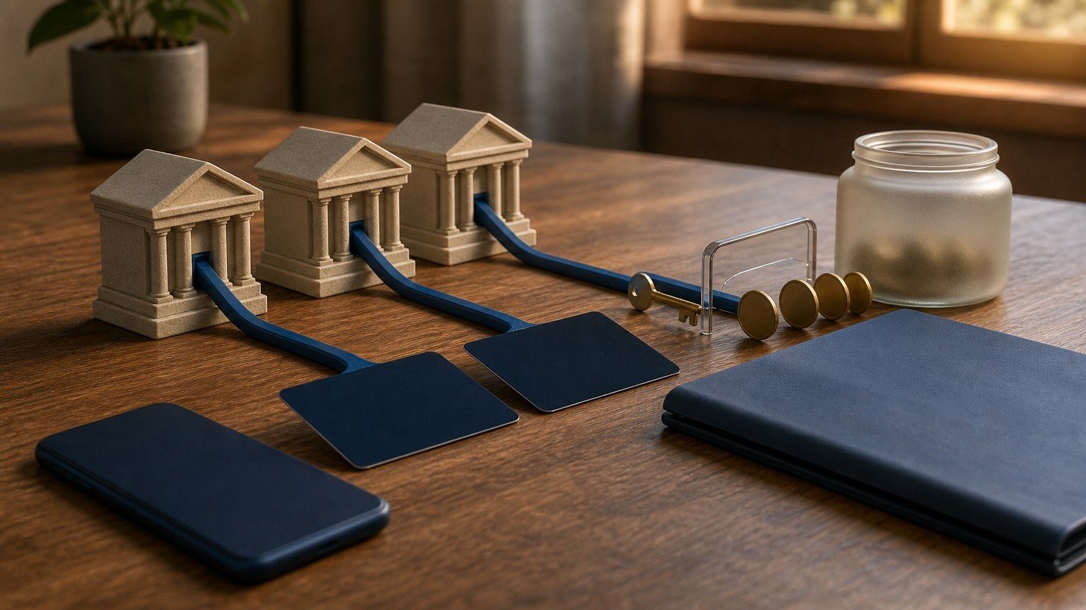 Mesa de comparação de bancos digitais com cartões em branco, celular virado para baixo e discos metálicos.