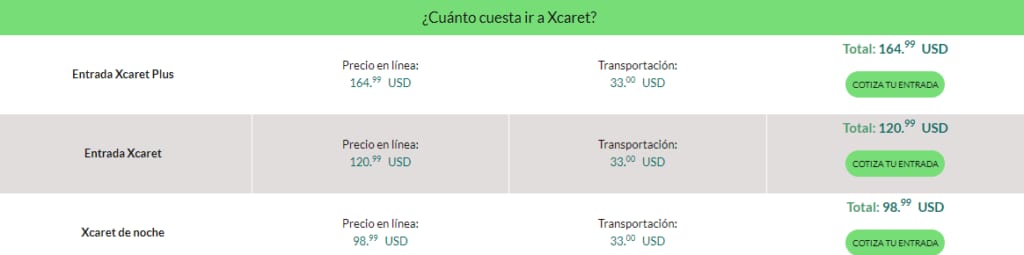 Tabla de precios de Xcaret: entrada Plus de 164.99 USD, regular de 120.99 USD y nocturna de 98.99 USD; transporte de 33 USD.
