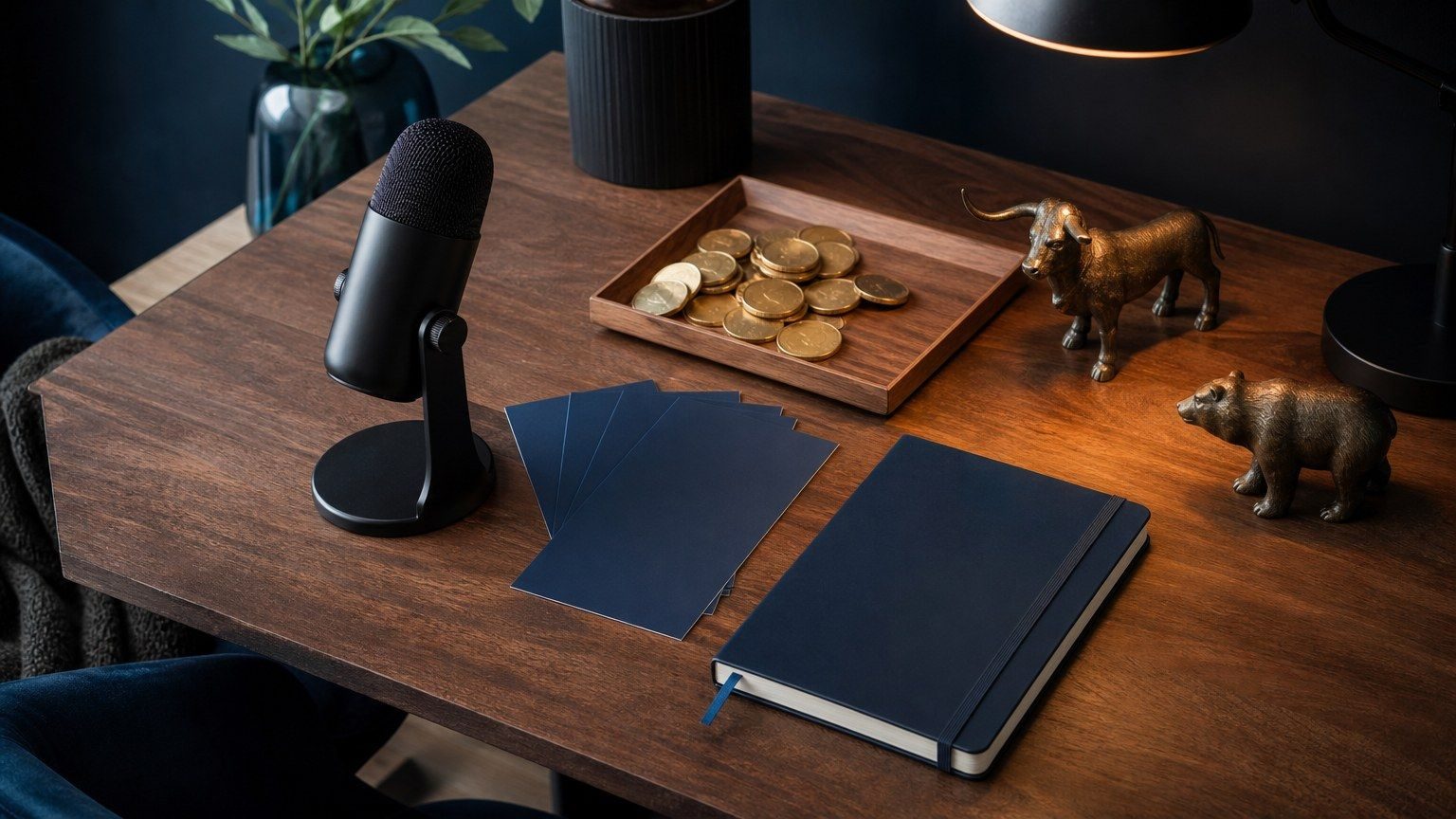На столе финансового автора лежат микрофон, пустые карточки, монеты и фигурки быка и медведя без надписей.
