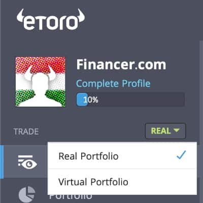 eToro demo számla felület