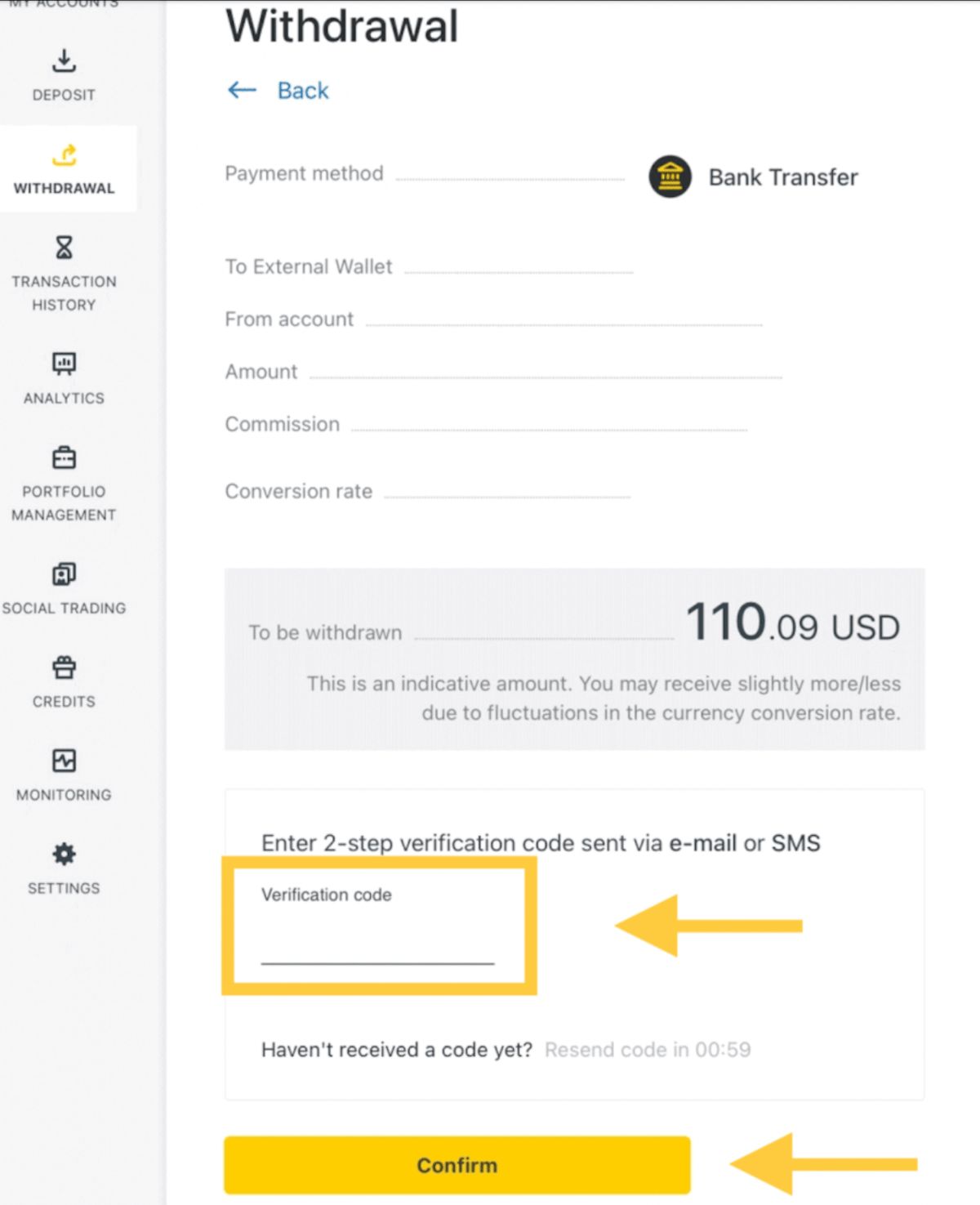 Masukkan kode verifikasi di exness