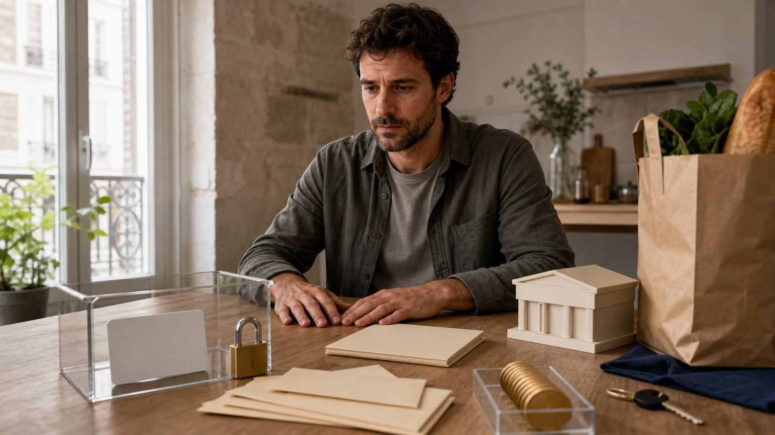 Personne inquiète devant une carte bancaire bloquée, des enveloppes de dette et un budget protégé sur une table de cuisine.