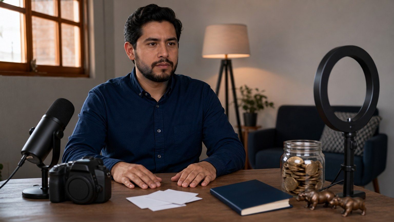 Educador latino-americano de finanças em uma mesa de gravação com microfone, cartões em branco, caderno azul-marinho e pote de moedas.