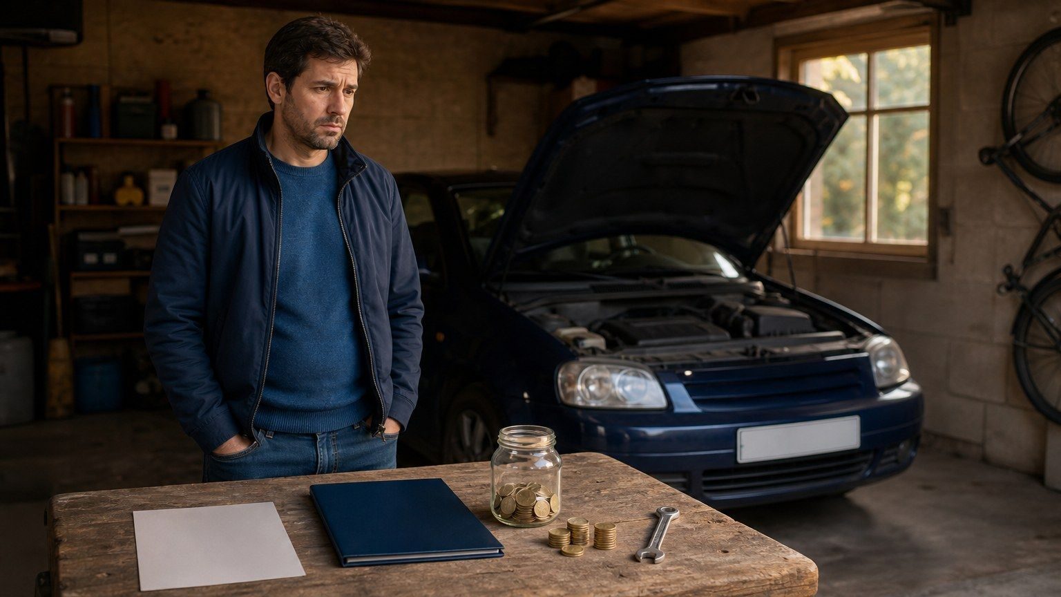 Une personne regarde une voiture en réparation près d’un dossier de financement, d’un bocal d’épargne et de pièces.