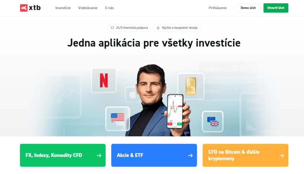 Úvodná stránka webu XTB s ukážkou mobilnej aplikácie a ponukou akcií, ETF, komodít a kryptomenových CFD.