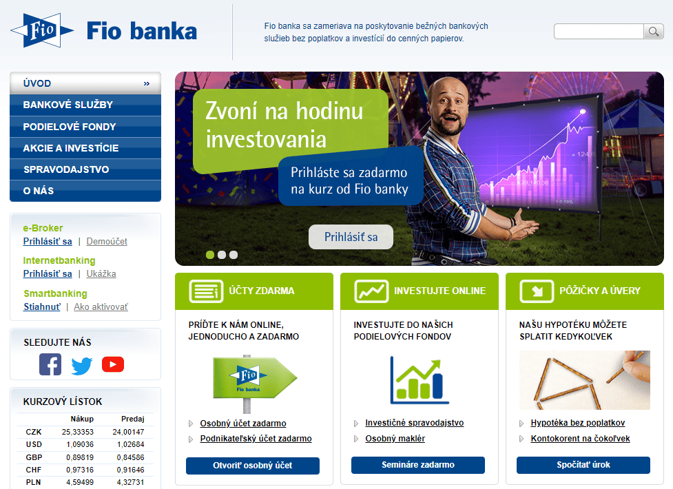 Úvodná stránka webu Fio banky s ponukou investičného kurzu, online investovania, bankových účtov a úverov.