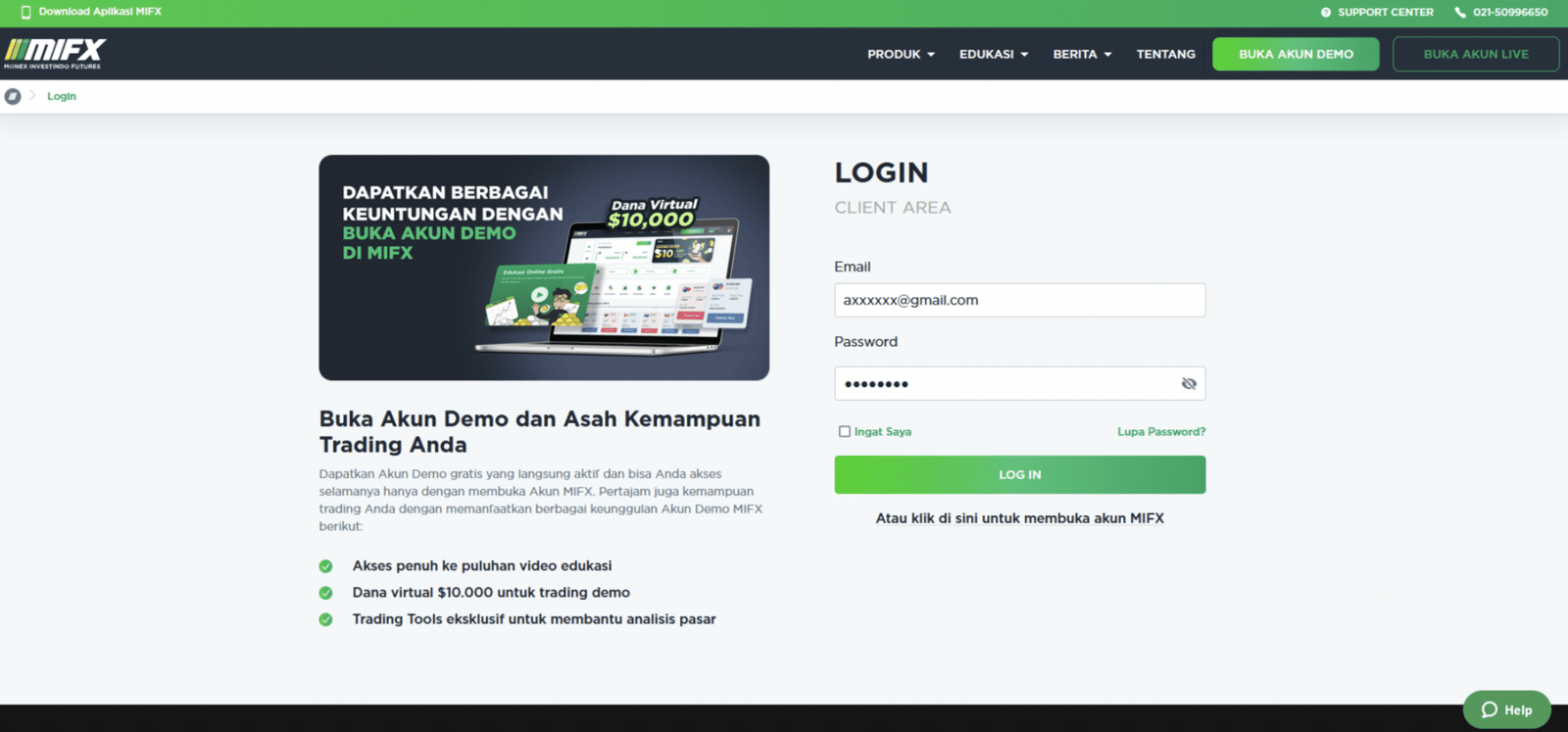 Masuk ke halaman Client Area MIFX