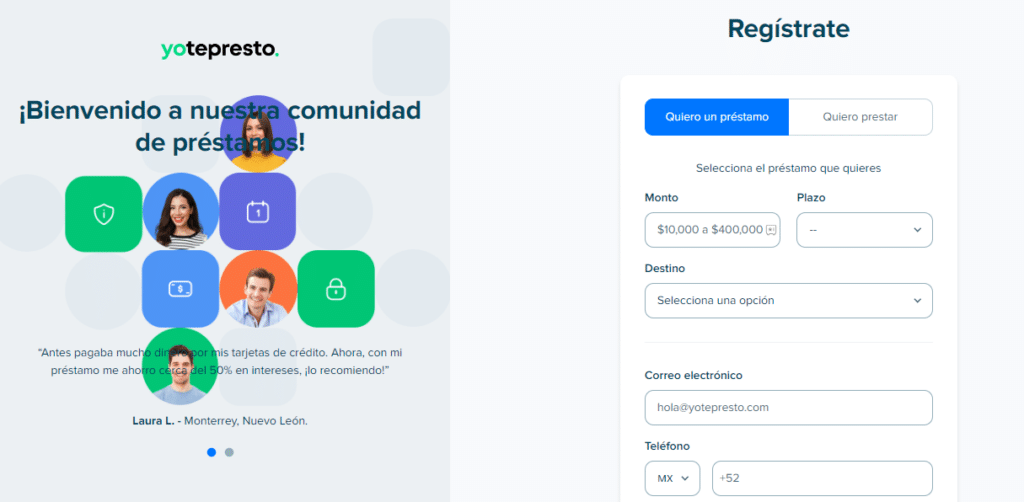 Pantalla de inicio de Yotepresto