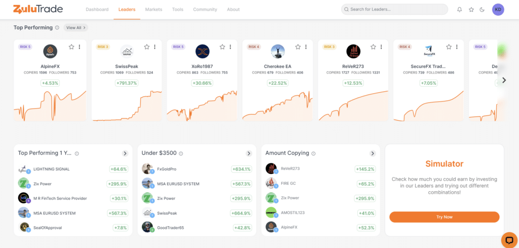 интерфейс на копитрейдинг платформата zulutrade