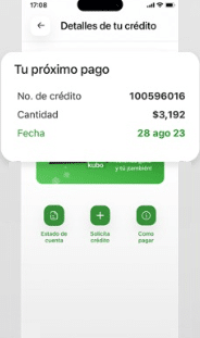 Pantalla de detalles del crédito en la app de Kubo Financiero con próximo pago de $3,192 el 28 de agosto de 2023.