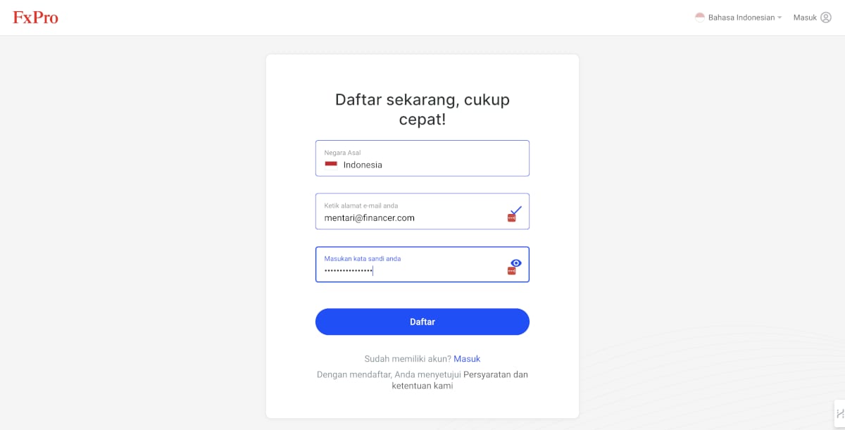 Isi dan lengkapi formulir fxpro