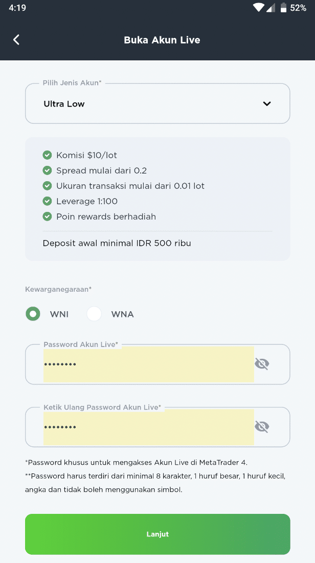 Pilih jenis akun di aplikasi mifx
