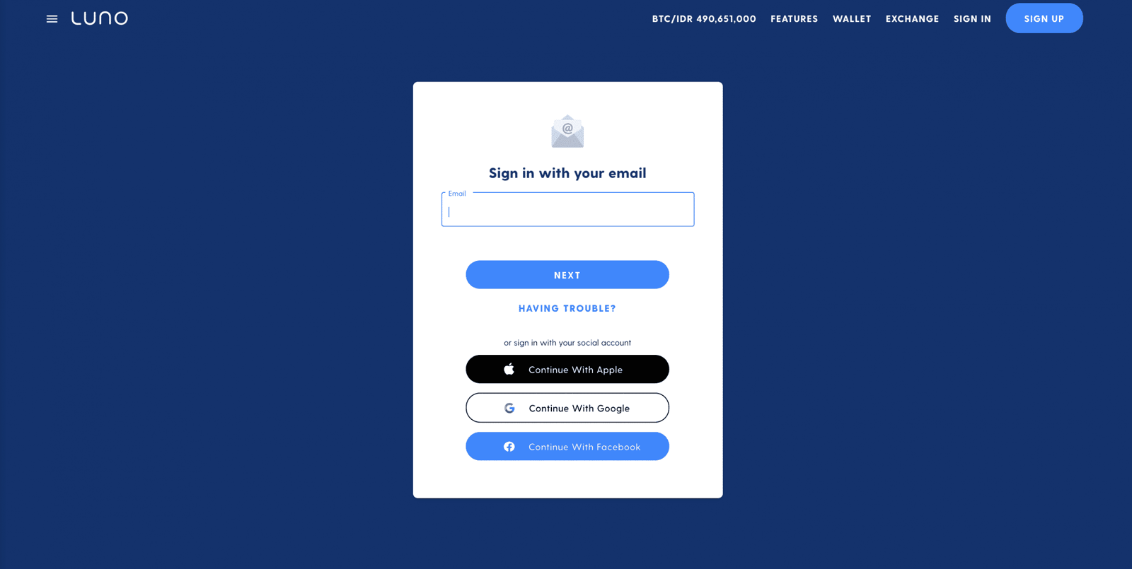 Klik sign in di LUNO