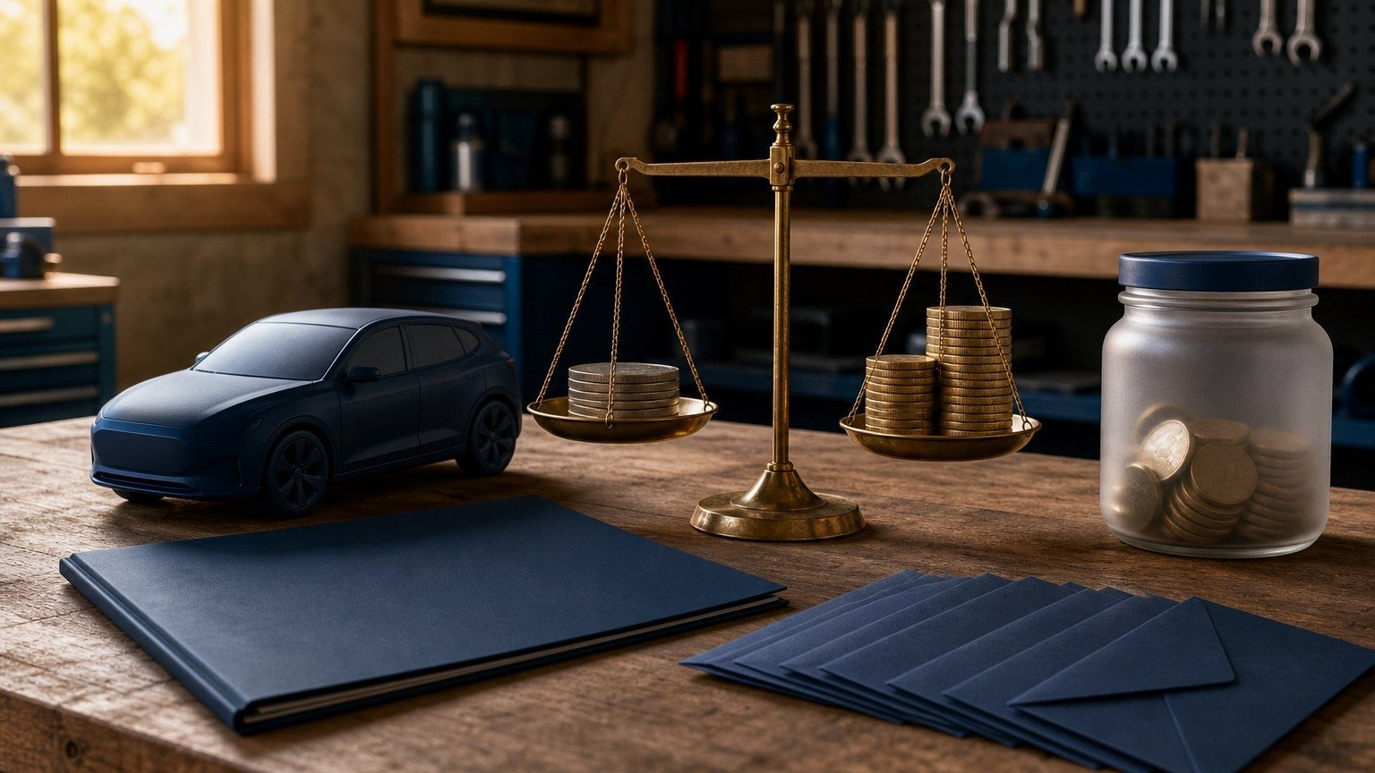 A garage workbench shows an auto-loan folder, a navy car model, payment envelopes, and interest-cost coin stacks.